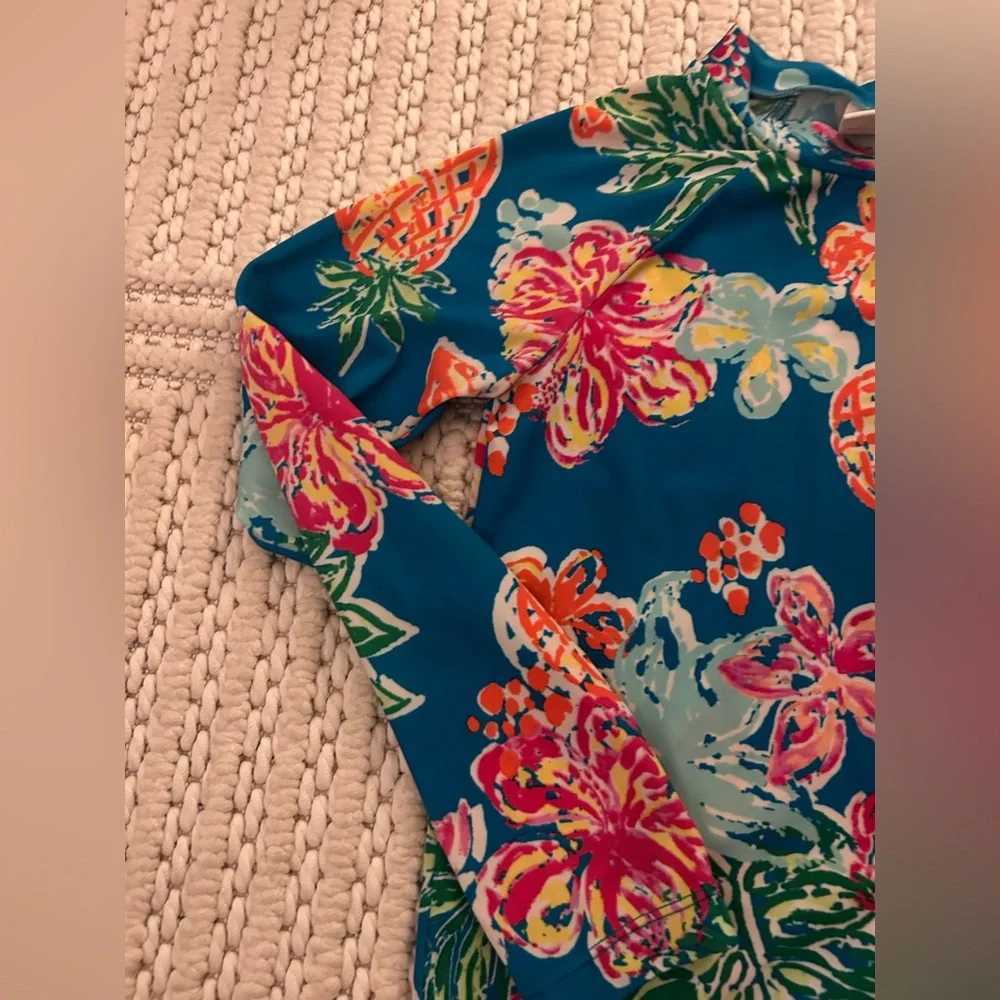 Gymboree Women Sz M (7-8) Blue Pineapple Floral Long Sleeve Rash-guard Swim Top